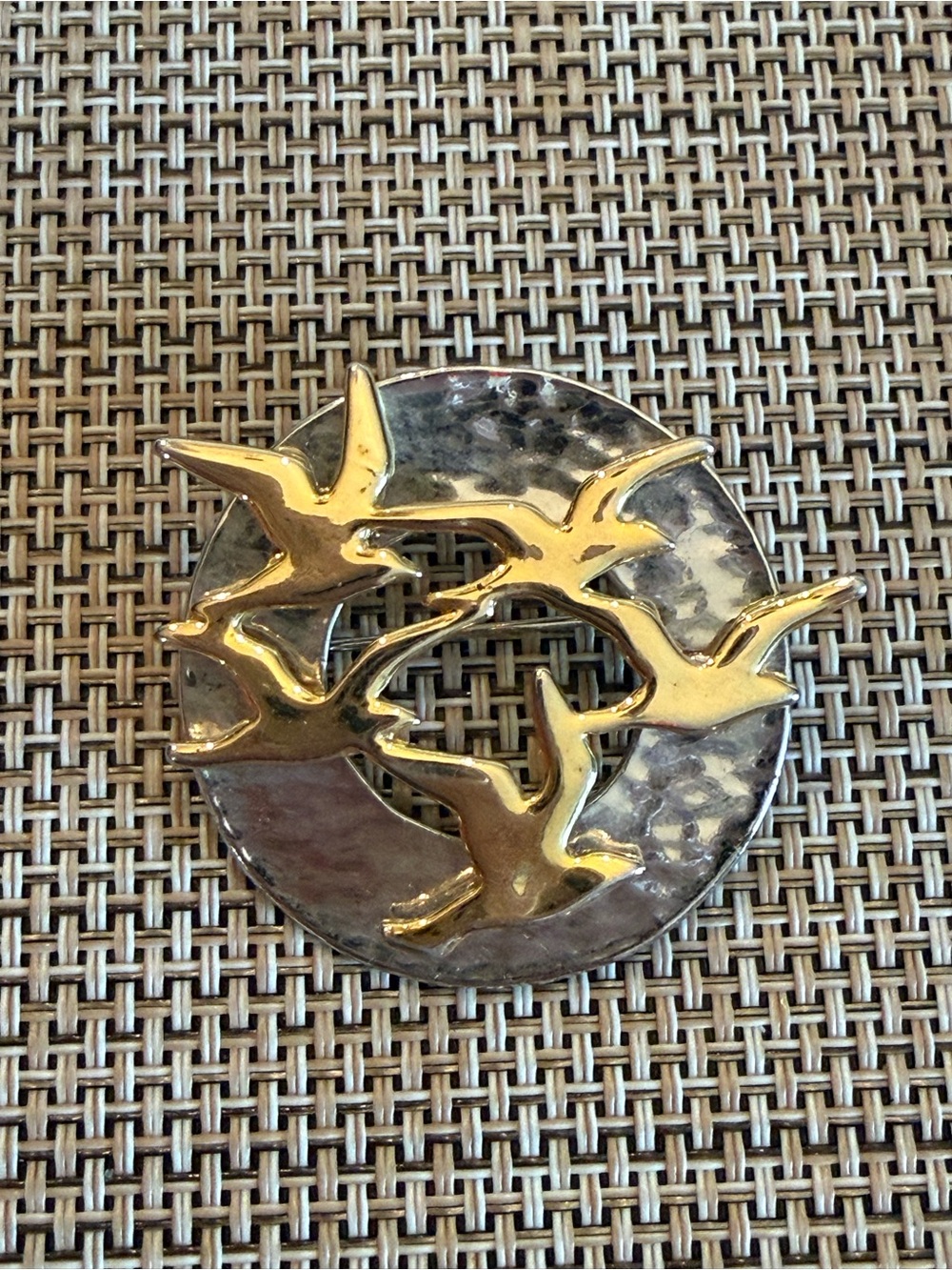 Gold Bird Circle Brooch on Hammered Silver-Tone Base